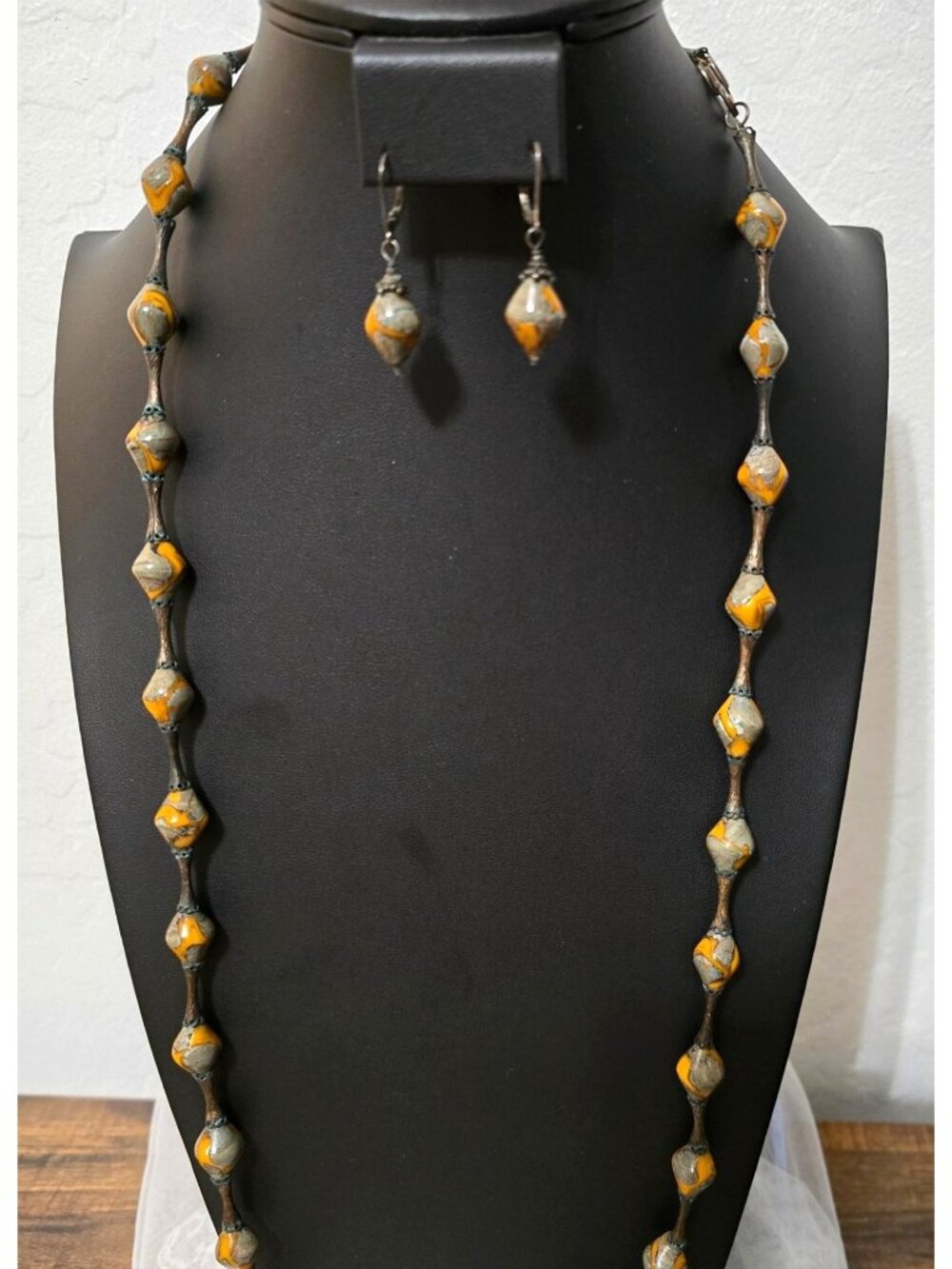 Lampwork Bead Necklace Earrings Set Orange & Gray 925 Sterling Earrings